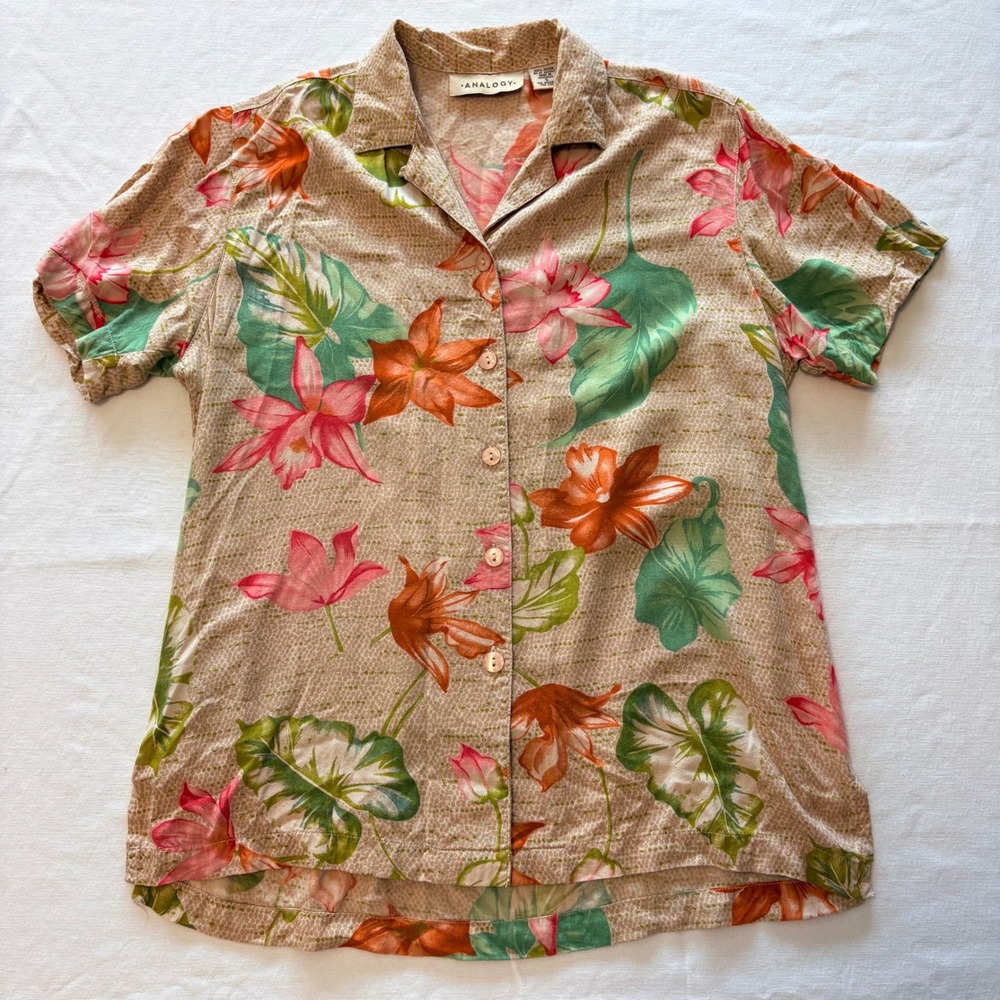 Analogy Tropical Floral Button Down Shirt Tan‎ Size S Excellent MSRP $48